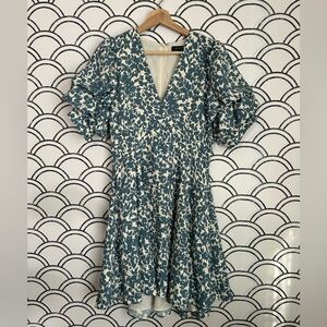 1.STATE Women's Printed V-Neck Tiered Bubble Puff Sleeve Mini Blue Dress